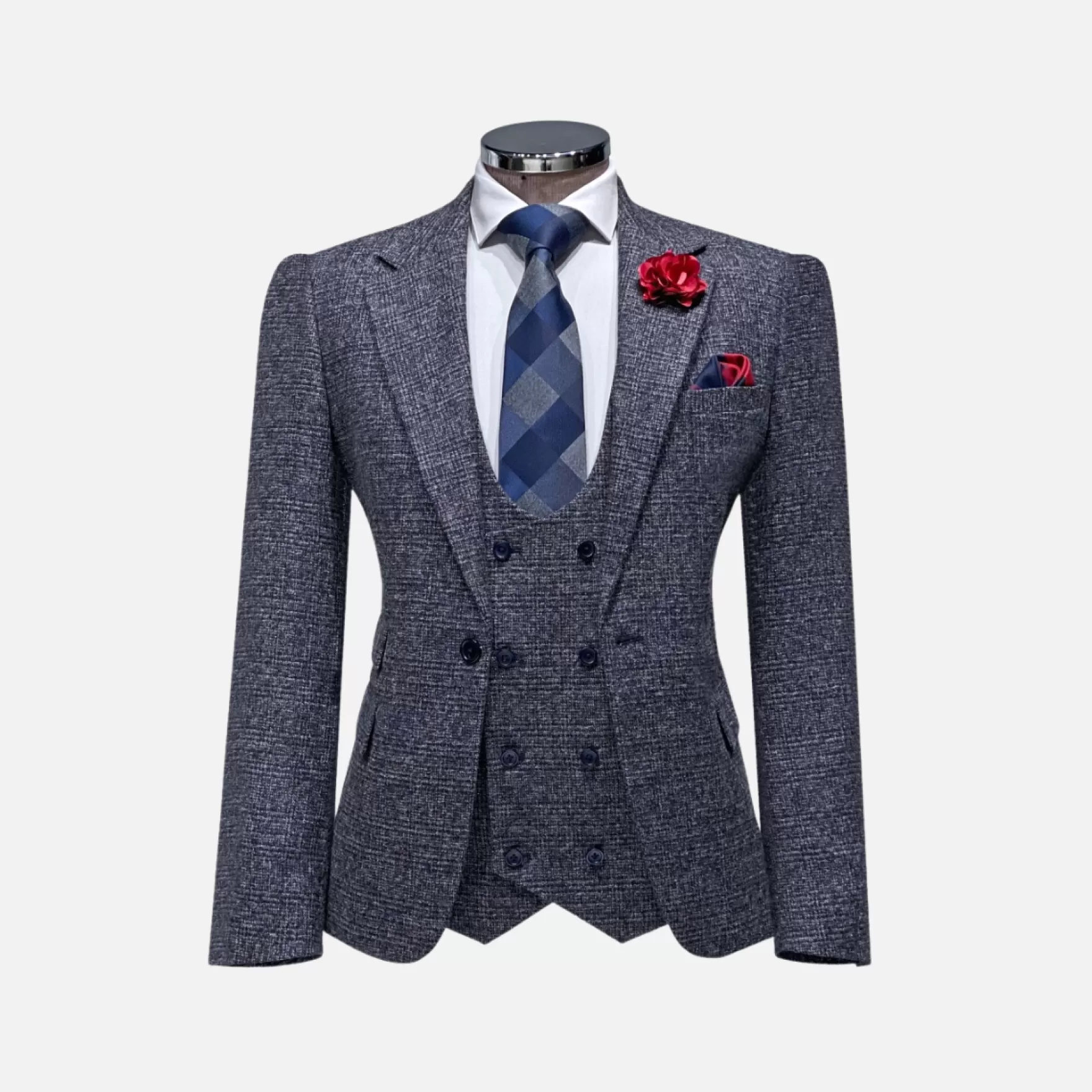 New Edition Fashion Suits-Andrew II Vested Tweed Plaid Suit Navy