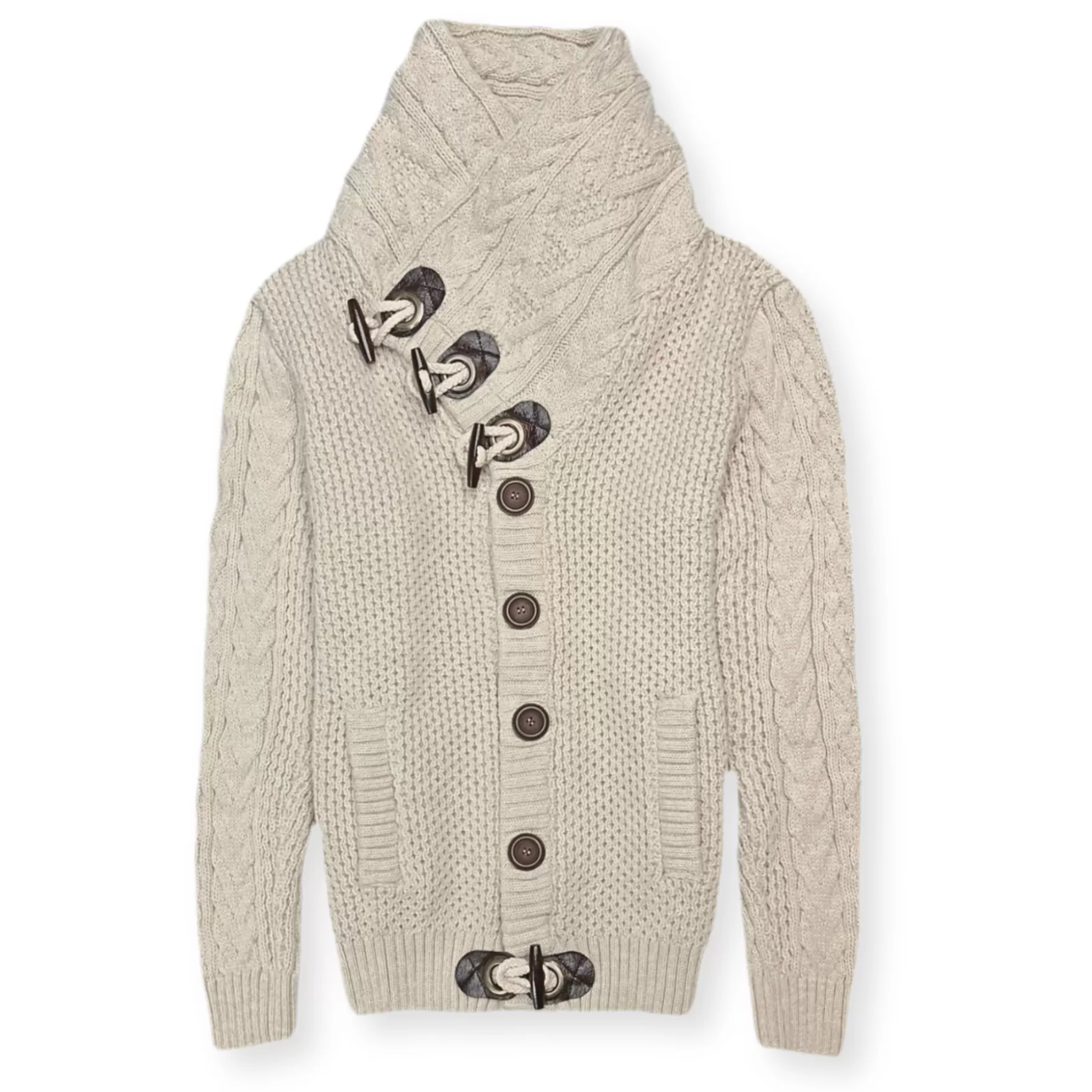 New Edition Fashion Sweaters-Duskin Cable Knit Button-Up Sweater Beige