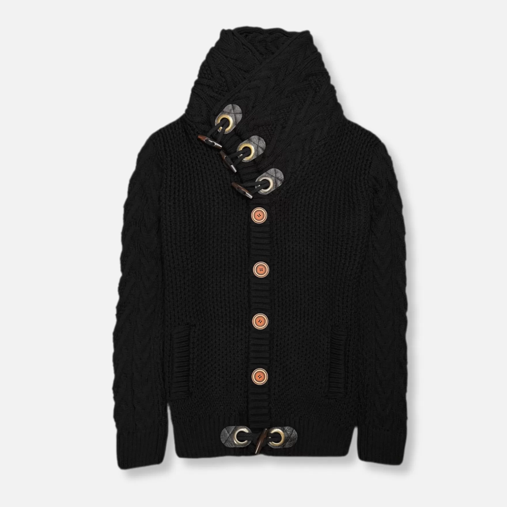 New Edition Fashion Sweaters-Duskin Cable Knit Button-Up Sweater Black