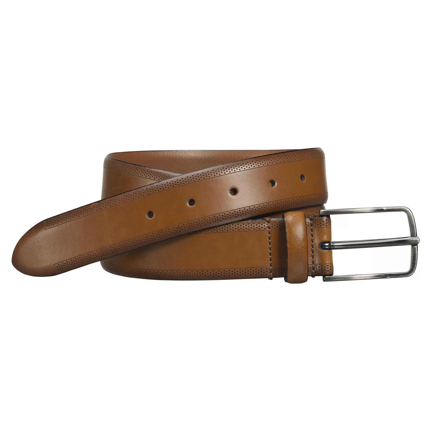 New Edition Fashion Belts-Joshua Edge Perfed Embossed Belt Tan