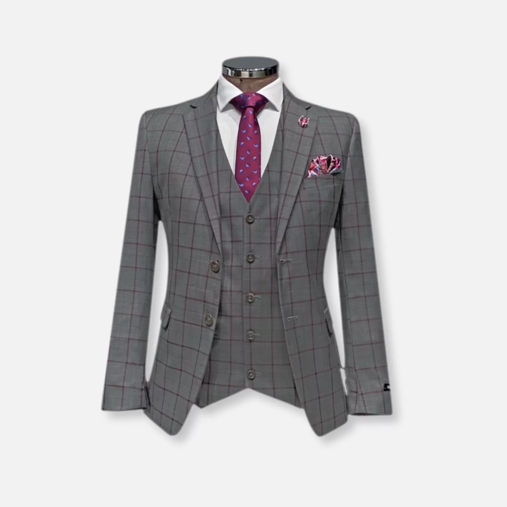 New Edition Fashion Suits-Williams Windowpane Vested Suit Light Grey