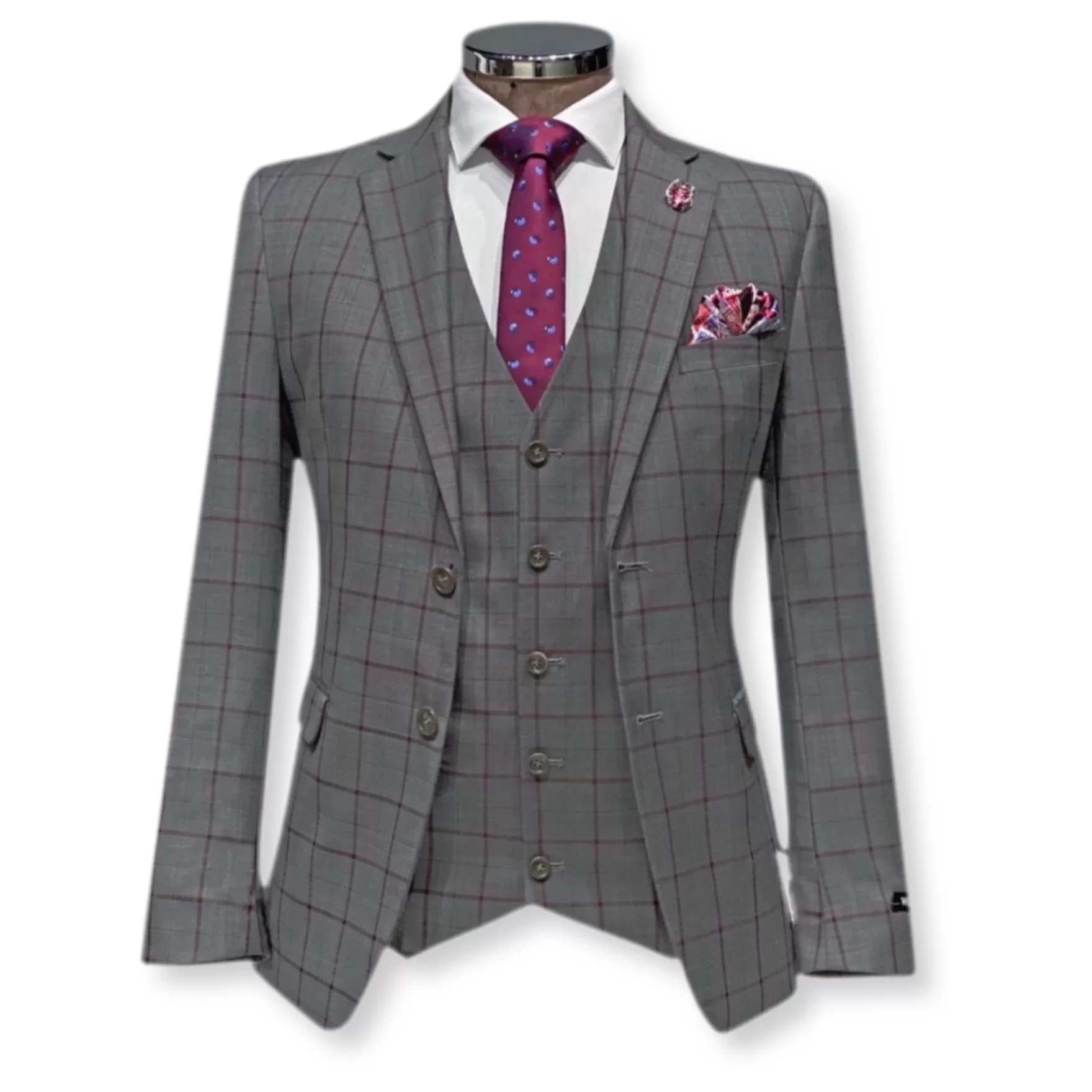 New Edition Fashion Suits-Williams Windowpane Vested Suit Light Grey